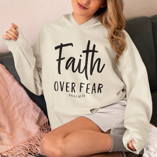 Faith Over Fear – Christian Fleece Hoodie for Women (Psalm 34)