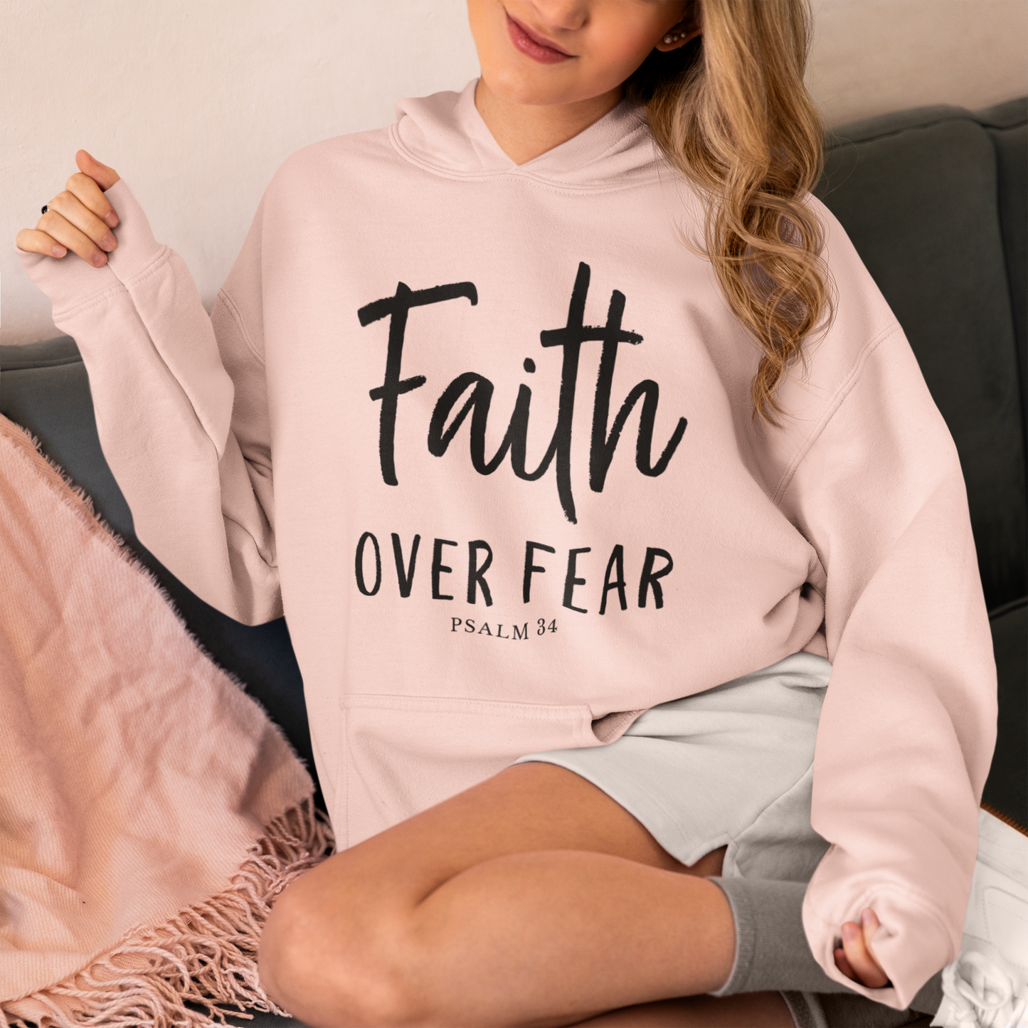 Faith Over Fear – Christian Fleece Hoodie for Women (Psalm 34)