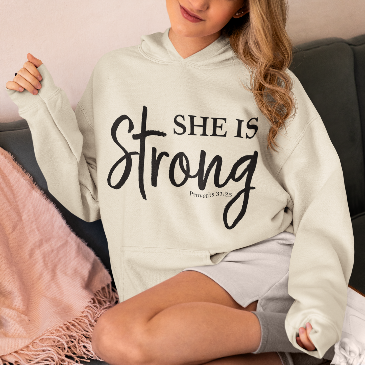 She Is Strong - Christian Fleece Hoodie for Women (Proverbs 31:25)